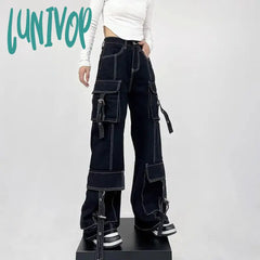 Lunivop Women’s Line Decoration Design Multiple Pockets Pants Neutral Style Jeans Vintage