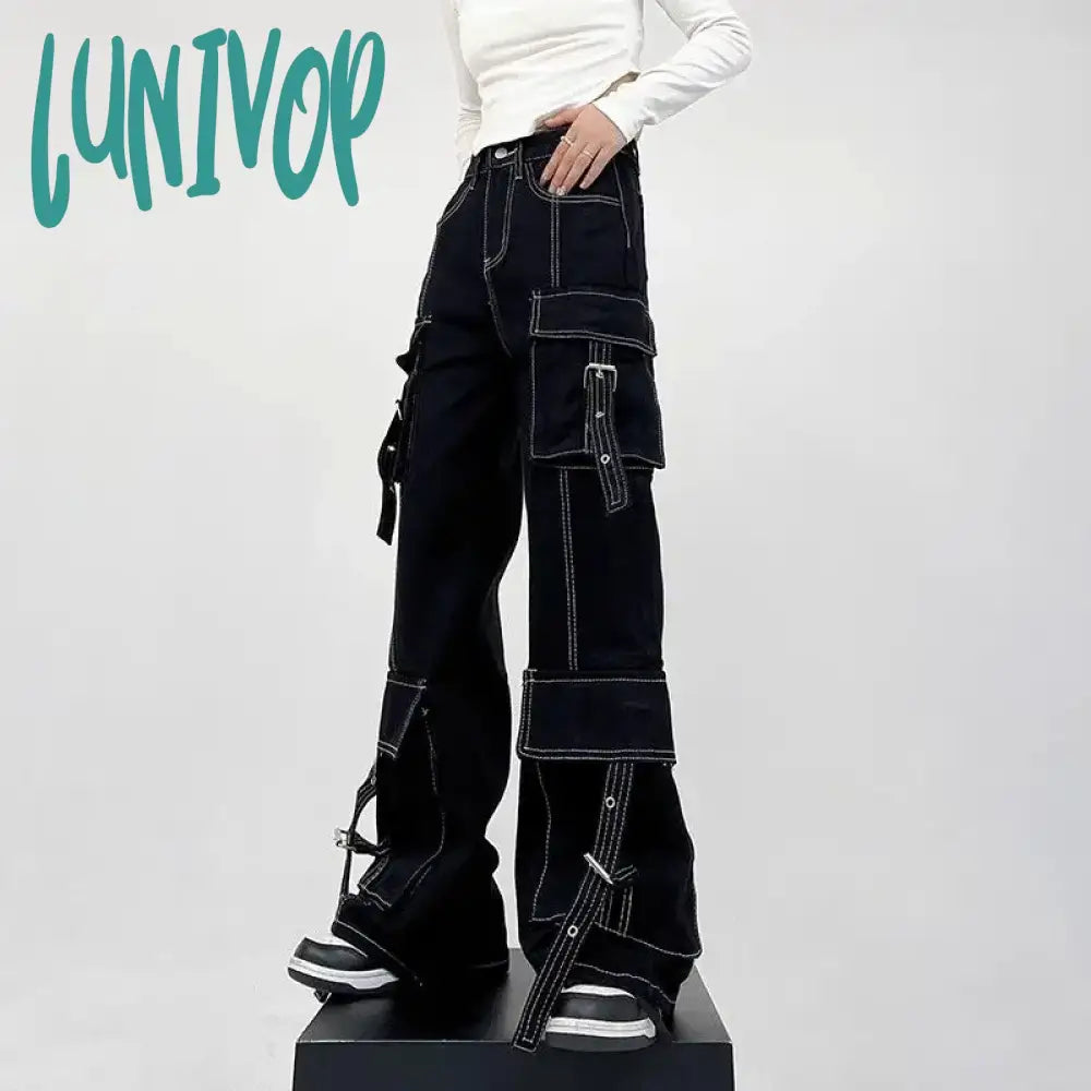 Lunivop Women’s Line Decoration Design Multiple Pockets Pants Neutral Style Jeans Vintage