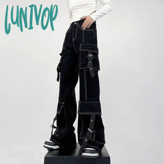 Lunivop Women’s Line Decoration Design Multiple Pockets Pants Neutral Style Jeans Vintage