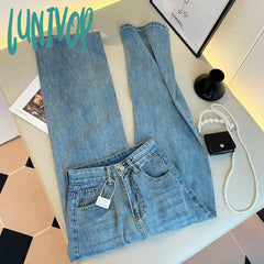 Lunivop Women’s Minimalist Style Plush Warm Blue Jeans American Vintage Casual Denim Trousers