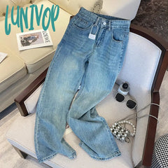 Lunivop Women’s Minimalist Style Plush Warm Blue Jeans American Vintage Casual Denim Trousers