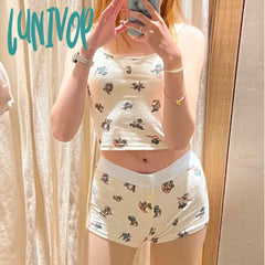 Lunivop Womens Pajama Sets Y2K Vintage Crop Cami Top Shorts Pj Set Fashion Cartoon Print Lace Trim