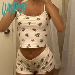 Lunivop Womens Pajama Sets Y2K Vintage Crop Cami Top Shorts Pj Set Fashion Cartoon Print Lace Trim