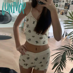 Lunivop Womens Pajama Sets Y2K Vintage Crop Cami Top Shorts Pj Set Fashion Cartoon Print Lace Trim