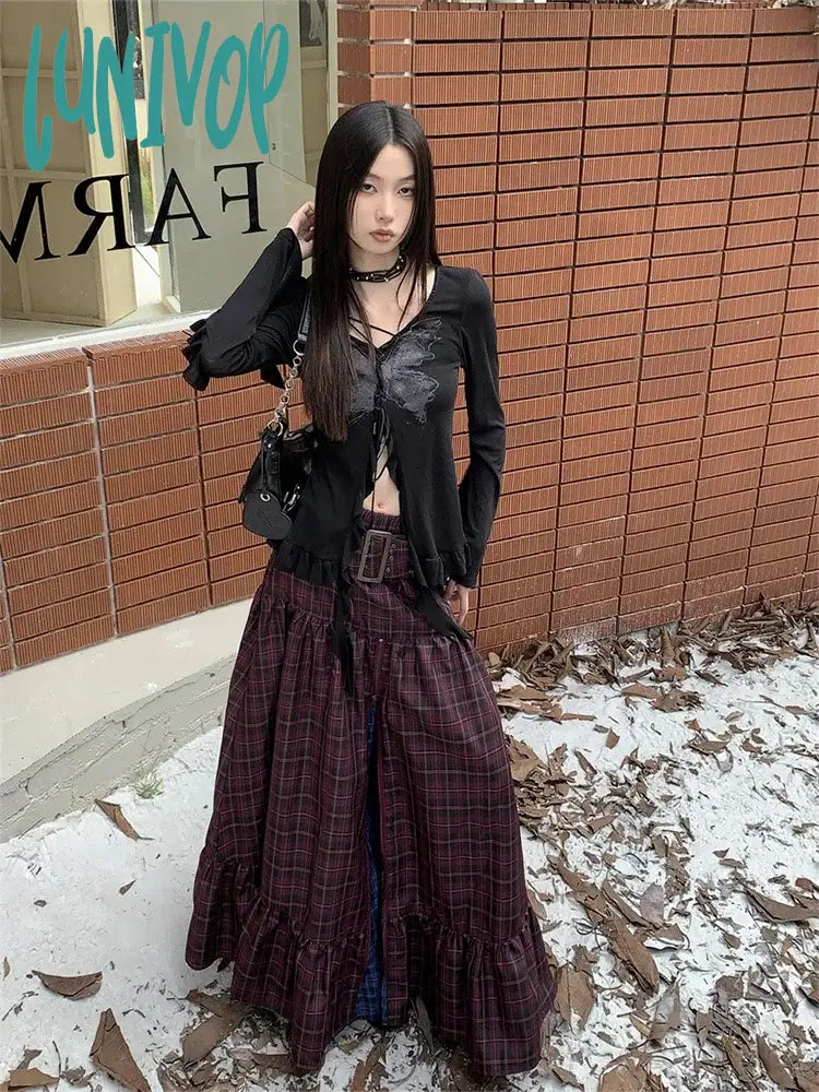 Lunivop Women’s Plaid A-Line Long Skirt Vintage Y2K Harajuku Korean Streetwear Fashion Skirts Emo