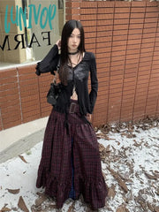 Lunivop Women’s Plaid A-Line Long Skirt Vintage Y2K Harajuku Korean Streetwear Fashion Skirts Emo