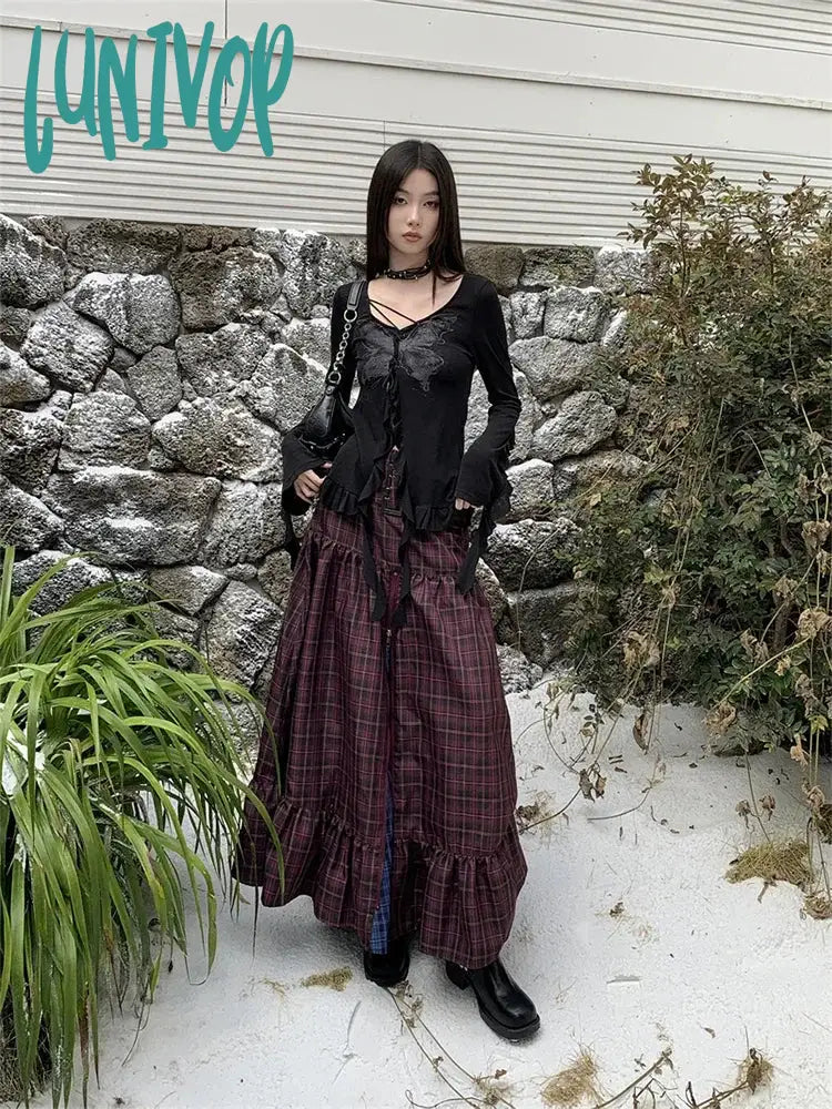 Lunivop Women’s Plaid A-Line Long Skirt Vintage Y2K Harajuku Korean Streetwear Fashion Skirts Emo