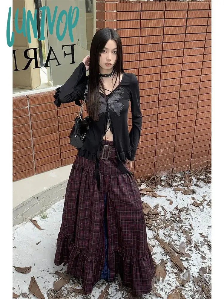 Lunivop Women’s Plaid A-Line Long Skirt Vintage Y2K Harajuku Korean Streetwear Fashion Skirts Emo