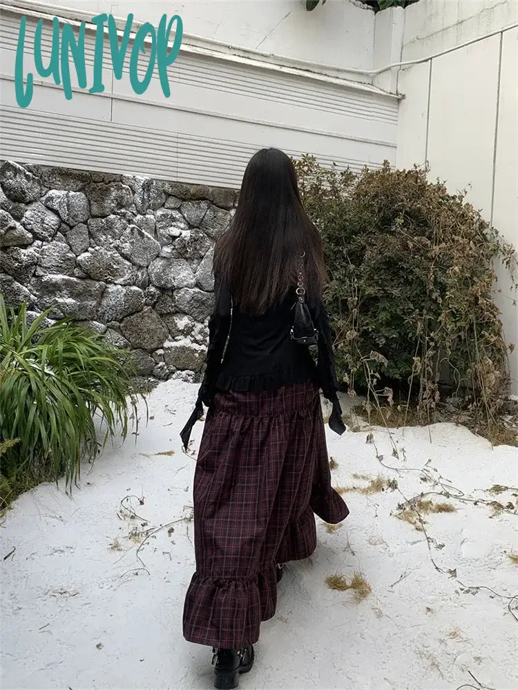 Lunivop Women’s Plaid A-Line Long Skirt Vintage Y2K Harajuku Korean Streetwear Fashion Skirts Emo