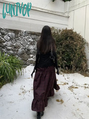 Lunivop Women’s Plaid A-Line Long Skirt Vintage Y2K Harajuku Korean Streetwear Fashion Skirts Emo