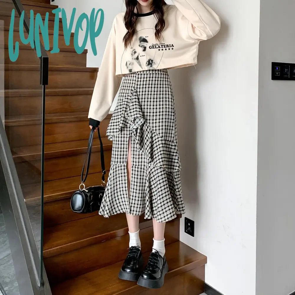 Lunivop Women’s Plaid A-Line Skirt Vintage Y2K 90S Aesthetic Asymmetrical Harajuku Korean Elegant