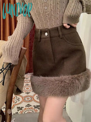 Lunivop Women’s Plush Patchwork Woolen High Waisted Skirt Harajuku Korean 90S Y2K Streetwear