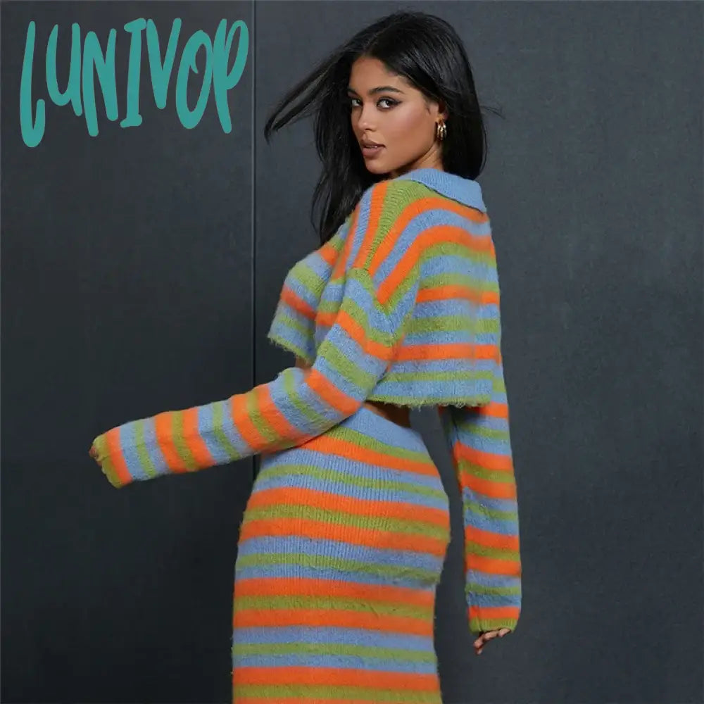 Lunivop Women’s Rainbow Striped Knitted Cardigan Long Sleeve Sweater Oversized Short Mixed Color