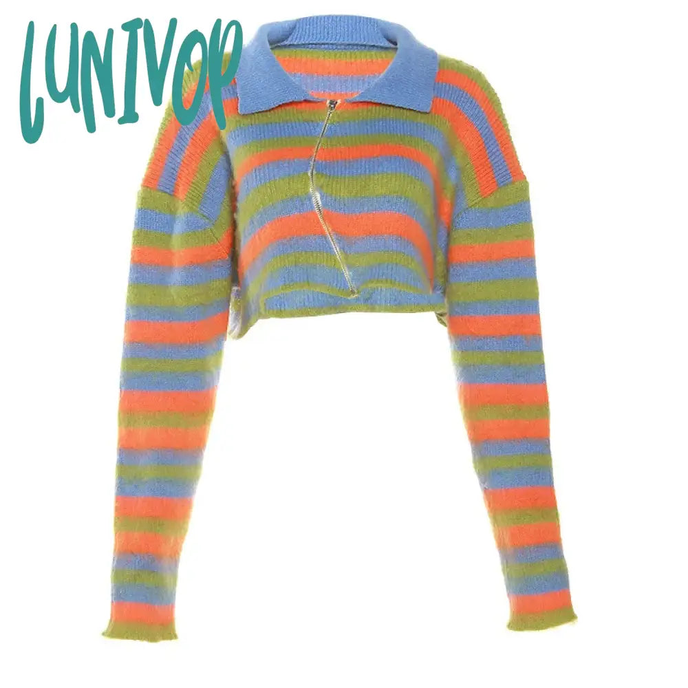 Lunivop Women’s Rainbow Striped Knitted Cardigan Long Sleeve Sweater Oversized Short Mixed Color