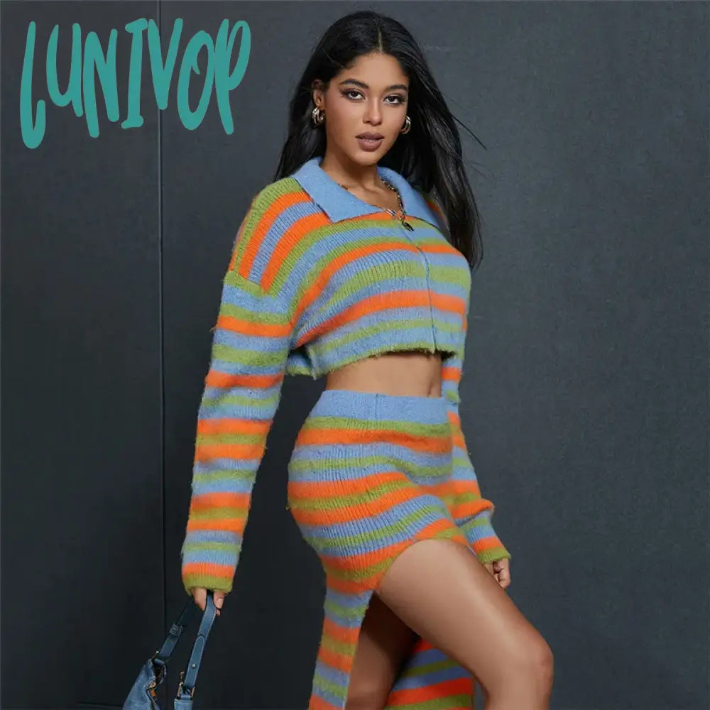 Lunivop Women’s Rainbow Striped Knitted Cardigan Long Sleeve Sweater Oversized Short Mixed Color