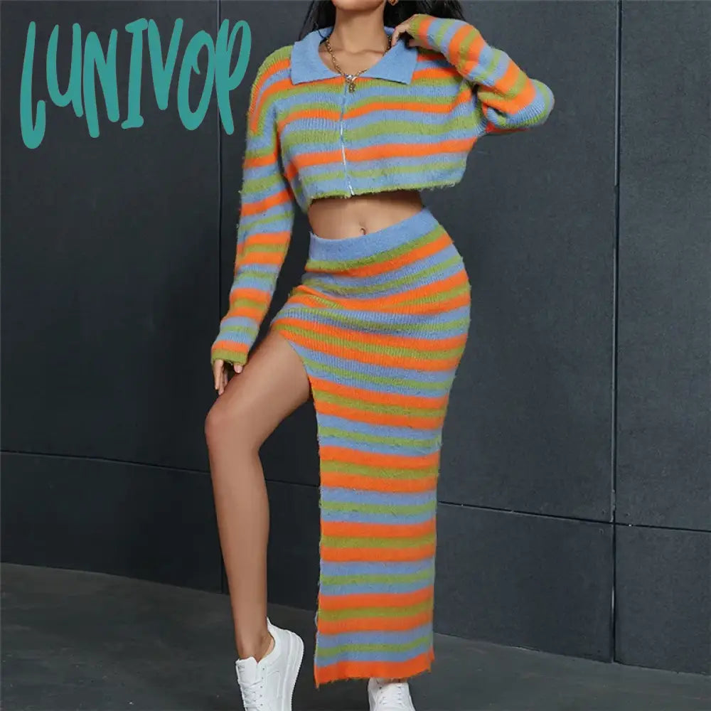 Lunivop Women’s Rainbow Striped Knitted Cardigan Long Sleeve Sweater Oversized Short Mixed Color