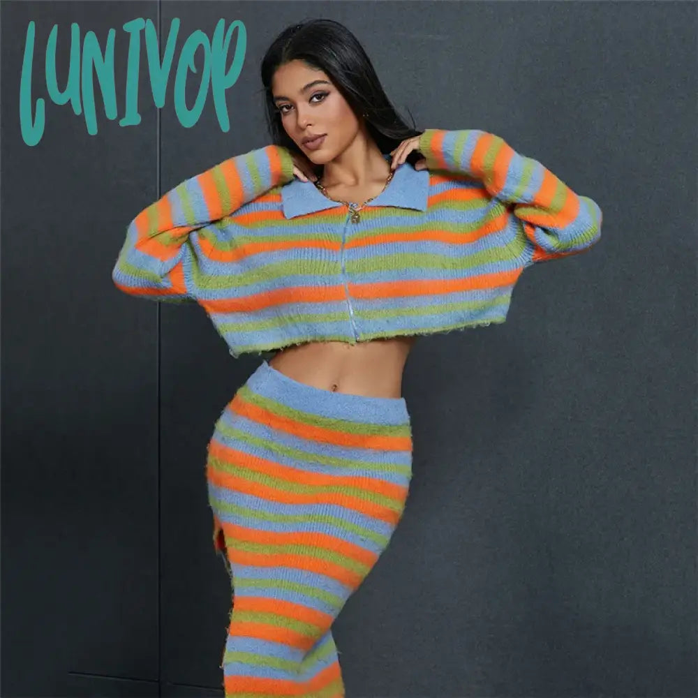 Lunivop Women’s Rainbow Striped Knitted Cardigan Long Sleeve Sweater Oversized Short Mixed Color