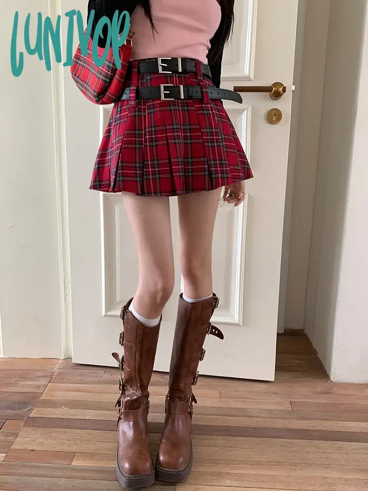 Lunivop Women’s Red Plaid High Waist Mini Skirt Summer New Chic American Academy Style Female