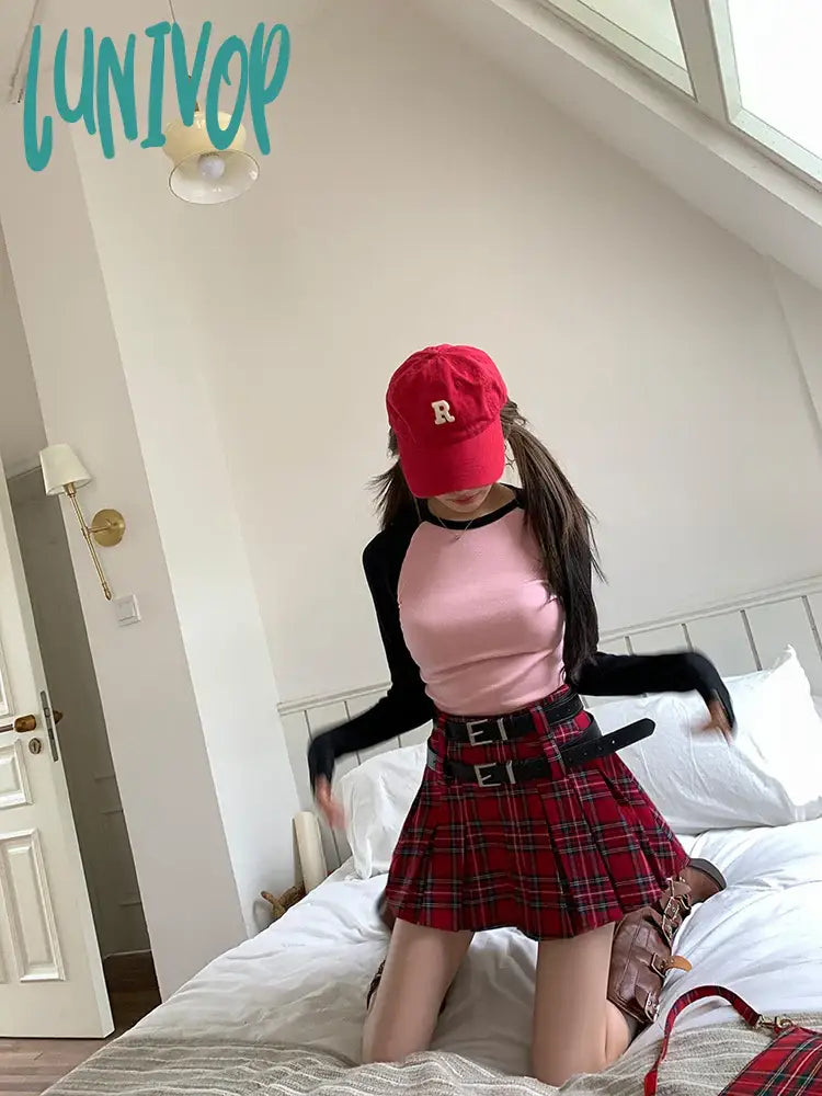 Lunivop Women’s Red Plaid High Waist Mini Skirt Summer New Chic American Academy Style Female