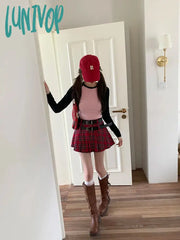 Lunivop Women’s Red Plaid High Waist Mini Skirt Summer New Chic American Academy Style Female