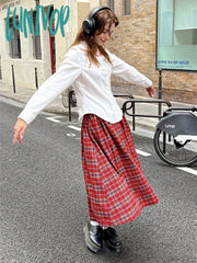 Lunivop Women’s Red Plaid Mid Length Skirt American College Style Spring Design Color Contrast