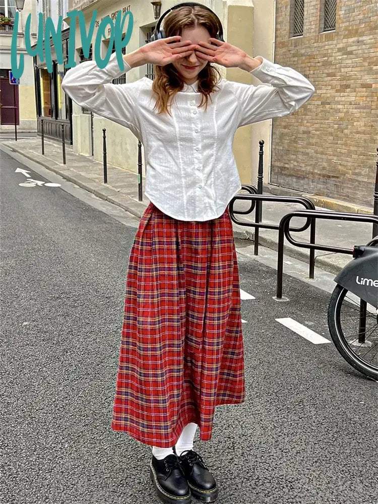 Lunivop Women’s Red Plaid Mid Length Skirt American College Style Spring Design Color Contrast