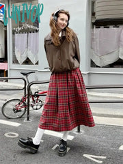 Lunivop Women’s Red Plaid Mid Length Skirt American College Style Spring Design Color Contrast