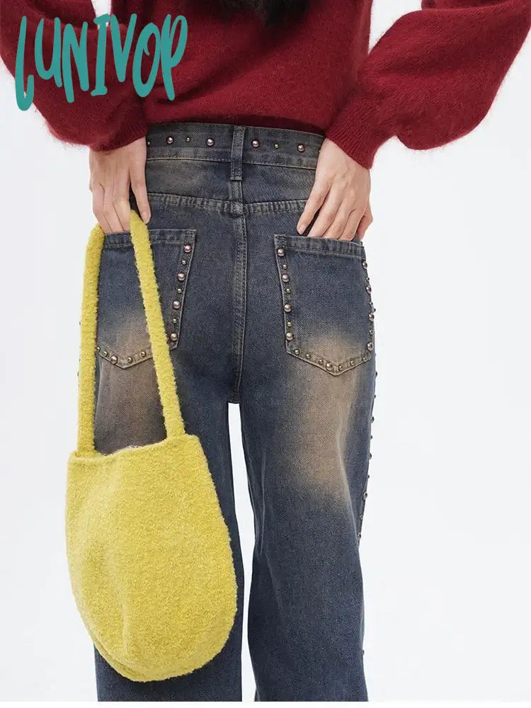 Lunivop Women’s Rivet Design American Jeans Y2K Vintage Street Casual Distressed Denim Trousers