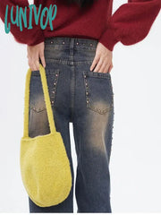 Lunivop Women’s Rivet Design American Jeans Y2K Vintage Street Casual Distressed Denim Trousers