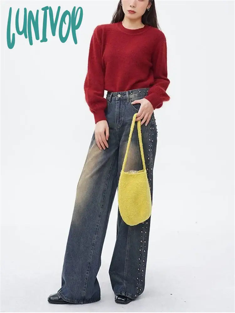 Lunivop Women’s Rivet Design American Jeans Y2K Vintage Street Casual Distressed Denim Trousers