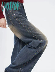 Lunivop Women’s Rivet Design American Jeans Y2K Vintage Street Casual Distressed Denim Trousers