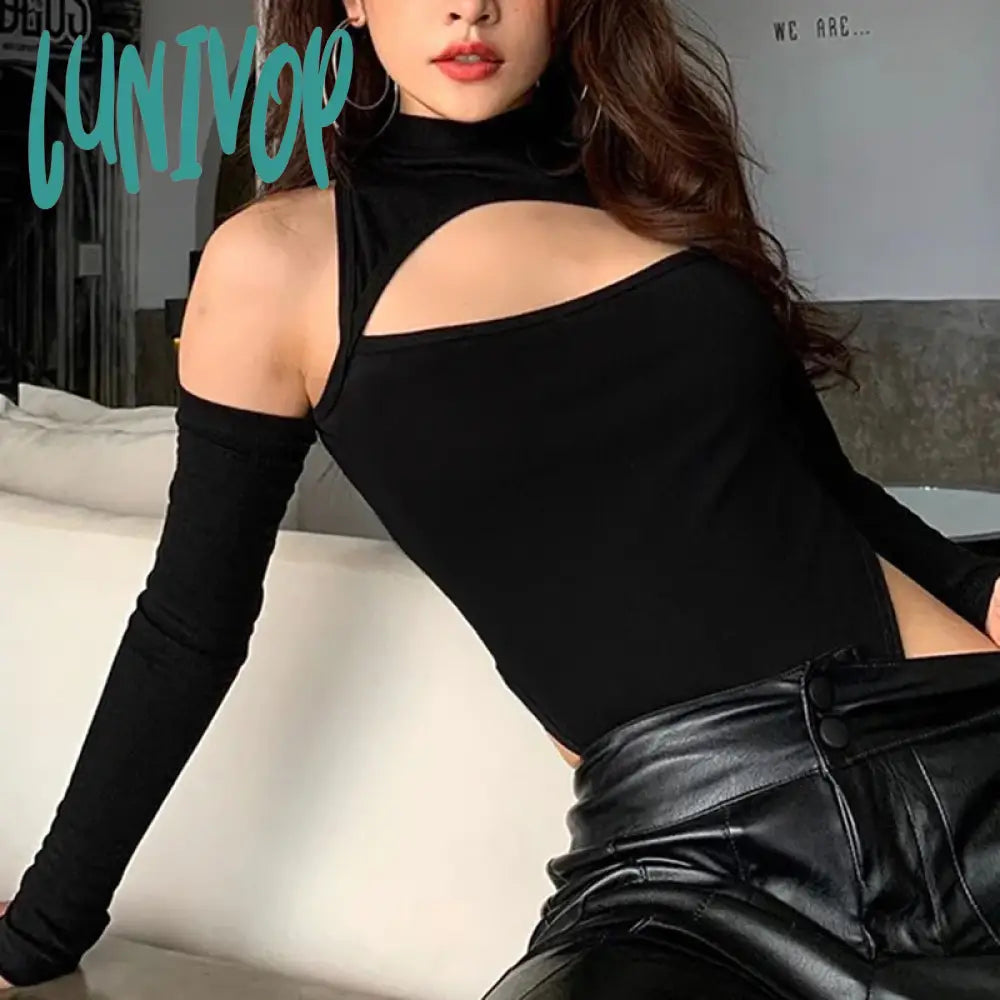 Lunivop Women’s Sexy Hollow Bodysuit Long Sleeved Off-Shoulder Tops Solid Color Fashion Half High