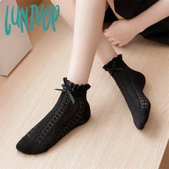 Lunivop Women’s Socks Cute Spring Summer New Solid Color Bow Sweet Short Female Breathable Hollow