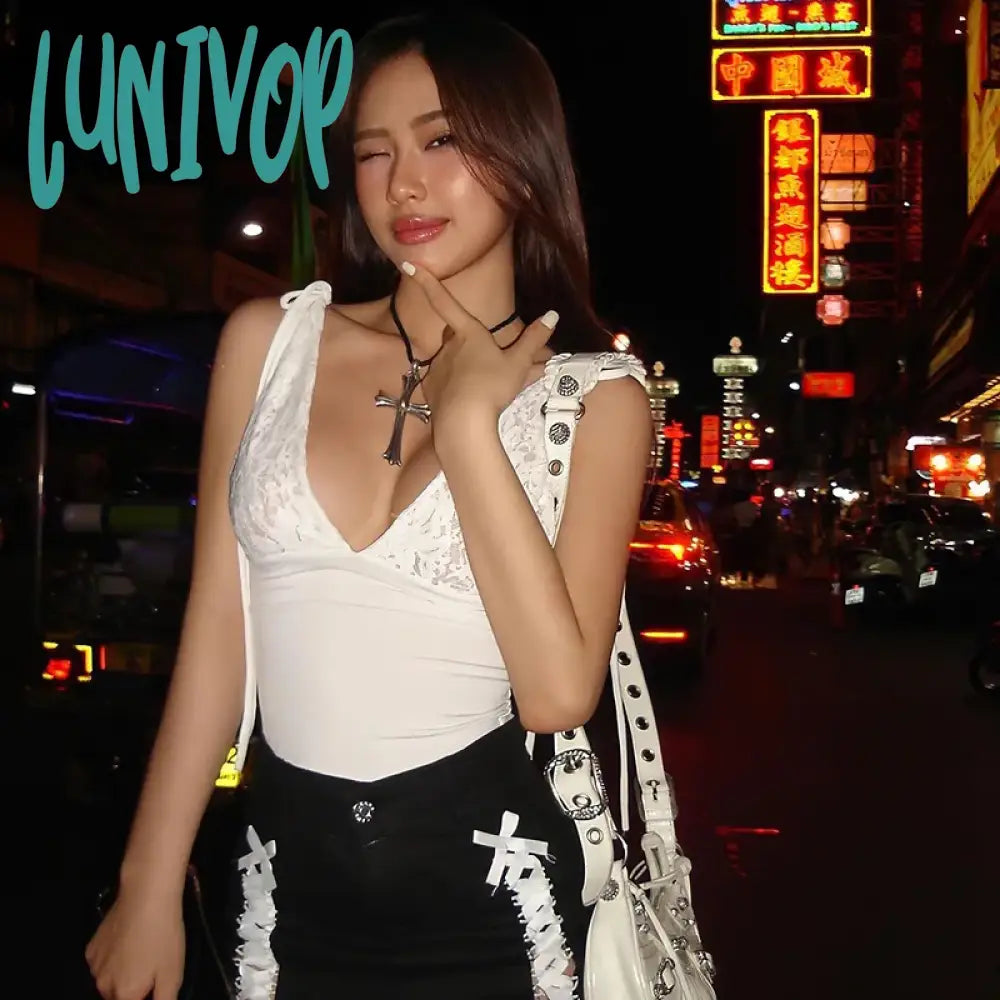 Lunivop Women’s Summer Tank Tops Chic Sleeveless Deep V Neck Tie Shoulder Lace Patchwork Crop
