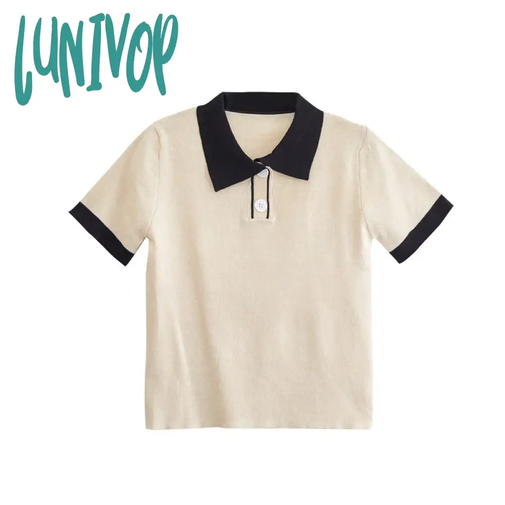 Lunivop Women’s T-Shirt Lapel Short Sleeve Fashion Tops 2024 Female Slim Knitted Tee Skinny