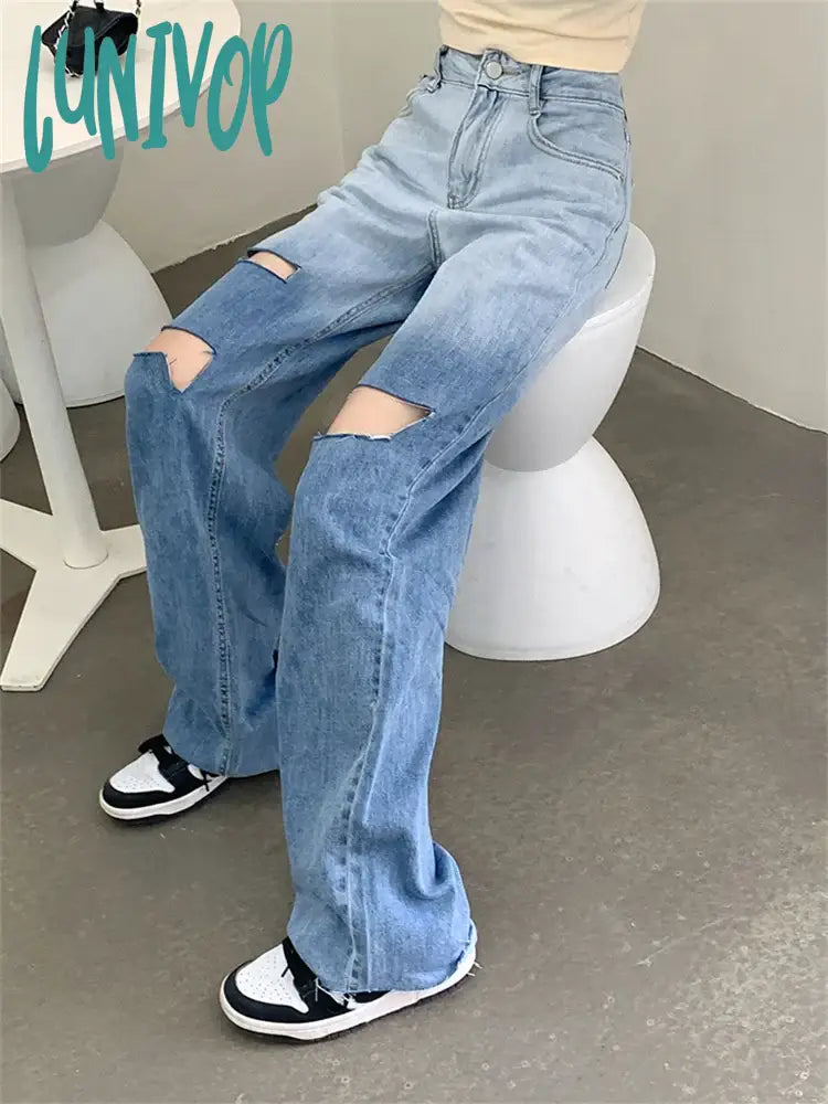 Lunivop Women’s Tie Dye Gradient Color Hole Design Jeans Y2K Vintage Street Casual Blue Denim