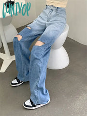 Lunivop Women’s Tie Dye Gradient Color Hole Design Jeans Y2K Vintage Street Casual Blue Denim
