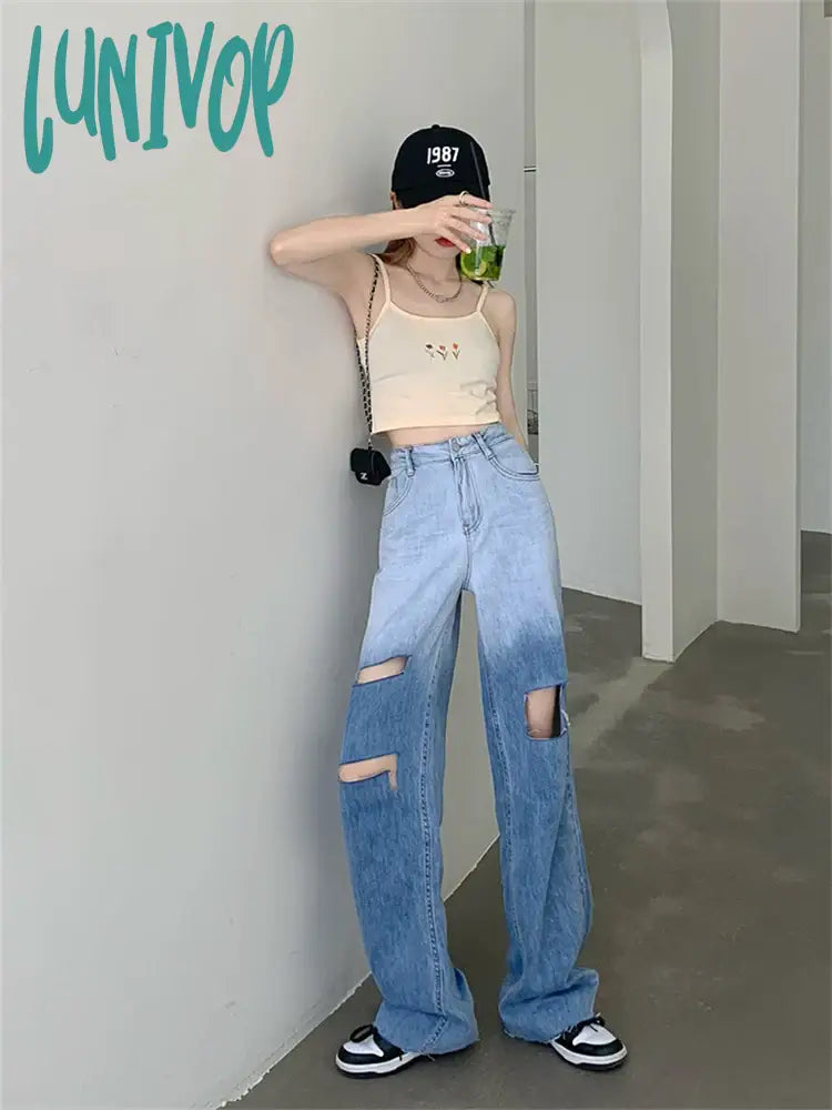Lunivop Women’s Tie Dye Gradient Color Hole Design Jeans Y2K Vintage Street Casual Blue Denim