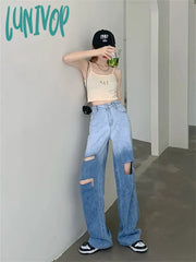 Lunivop Women’s Tie Dye Gradient Color Hole Design Jeans Y2K Vintage Street Casual Blue Denim