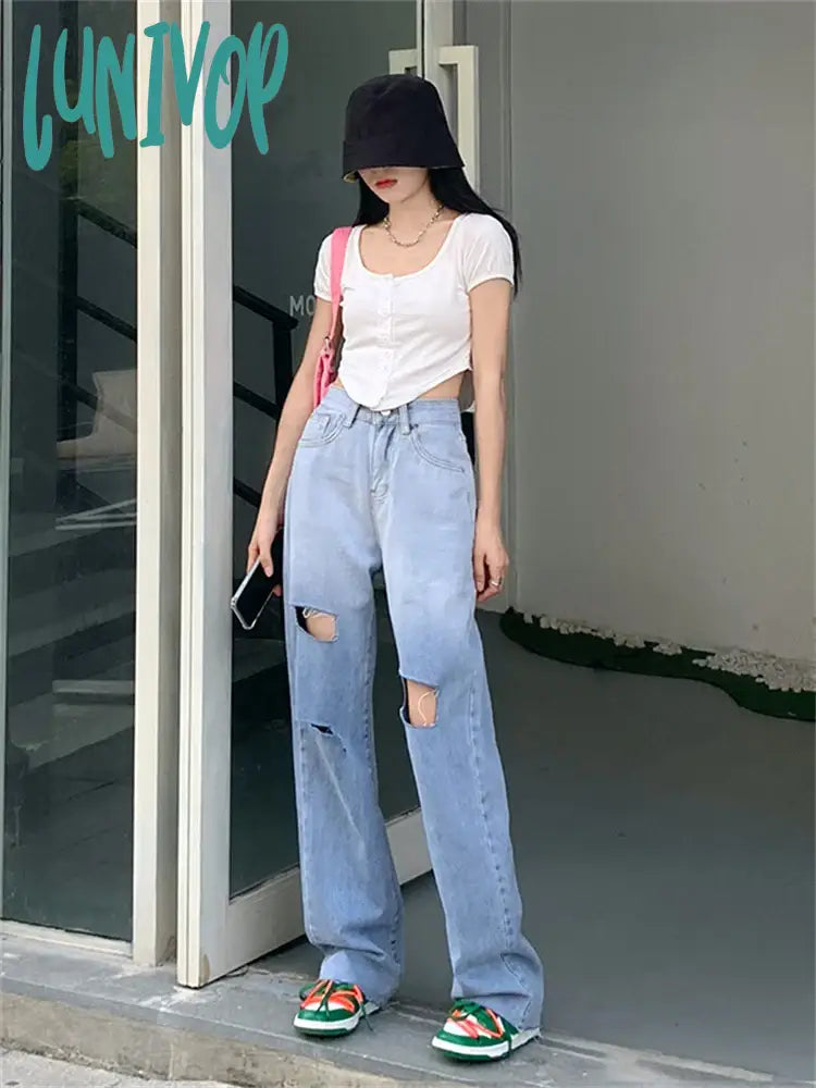 Lunivop Women’s Tie Dye Gradient Color Hole Design Jeans Y2K Vintage Street Casual Blue Denim