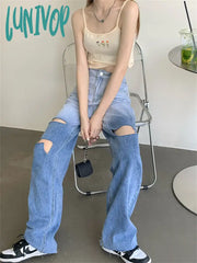 Lunivop Women’s Tie Dye Gradient Color Hole Design Jeans Y2K Vintage Street Casual Blue Denim