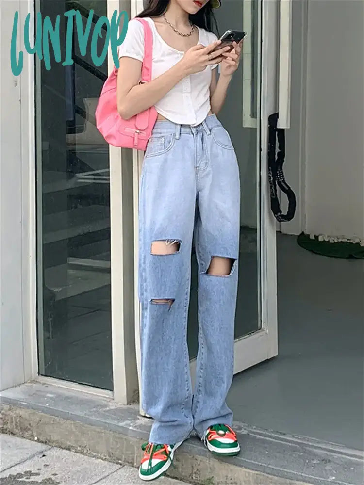 Lunivop Women’s Tie Dye Gradient Color Hole Design Jeans Y2K Vintage Street Casual Blue Denim