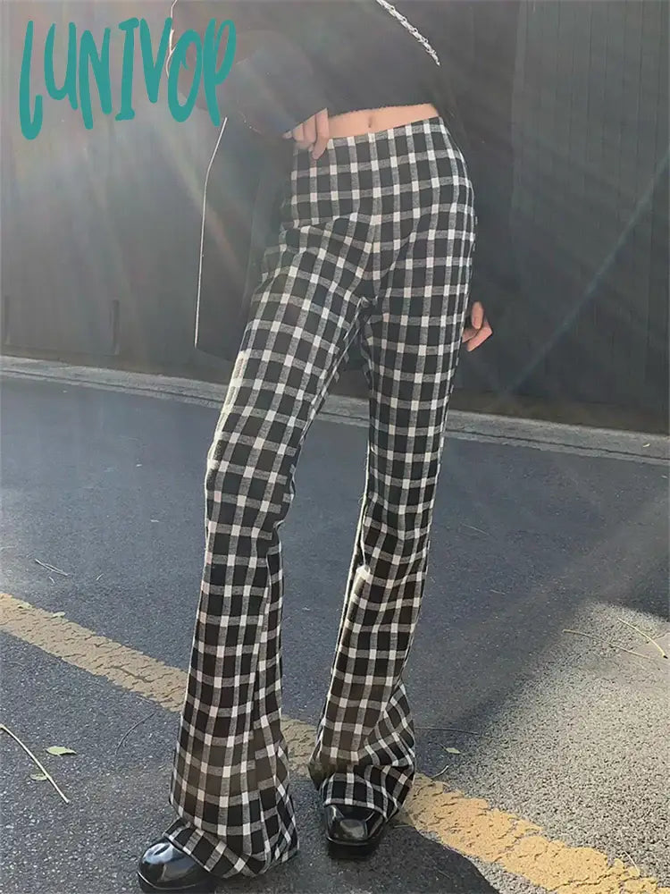 Lunivop Women’s Vintage Plaid Casual Bell-Bottom Pants Street Retro Style Young Girl Bottoms