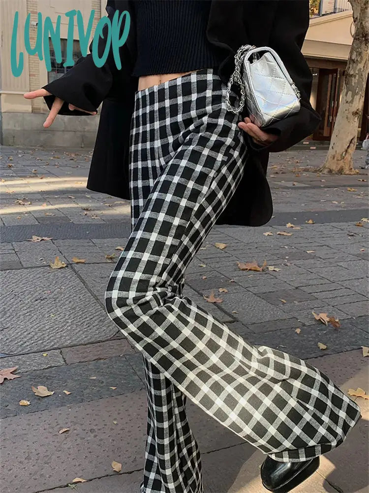 Lunivop Women’s Vintage Plaid Casual Bell-Bottom Pants Street Retro Style Young Girl Bottoms