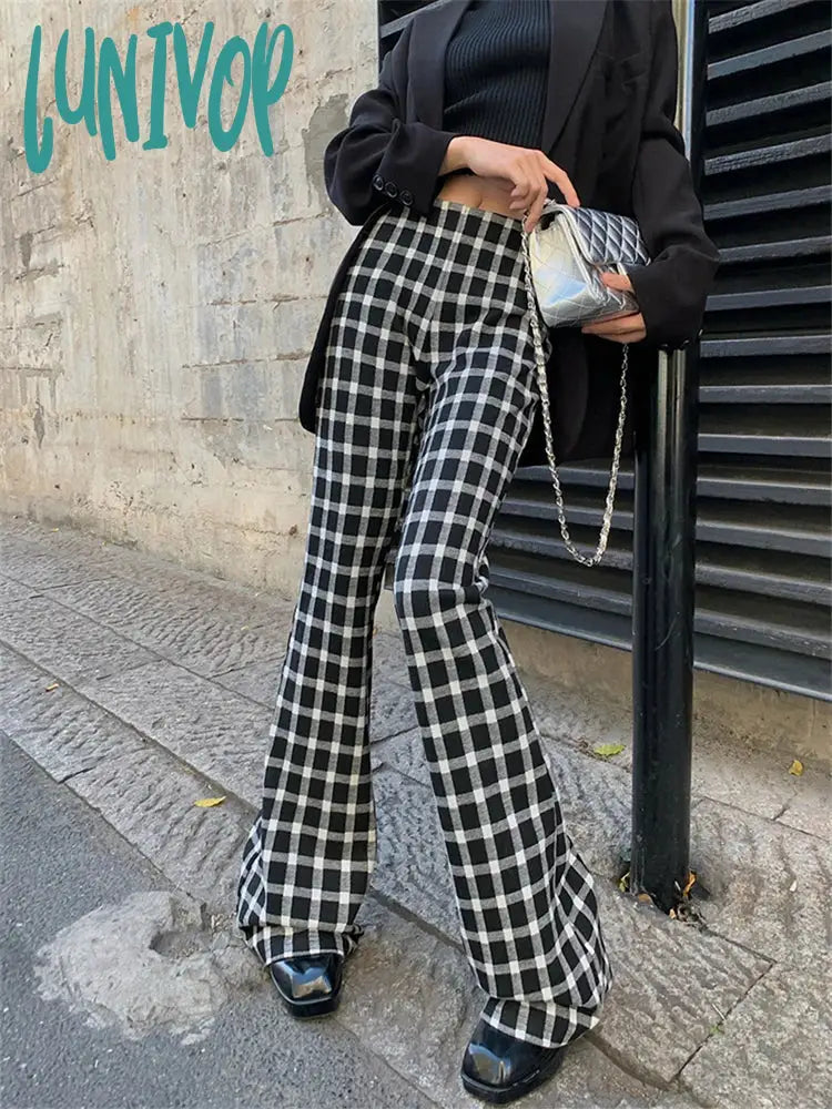 Lunivop Women’s Vintage Plaid Casual Bell-Bottom Pants Street Retro Style Young Girl Bottoms