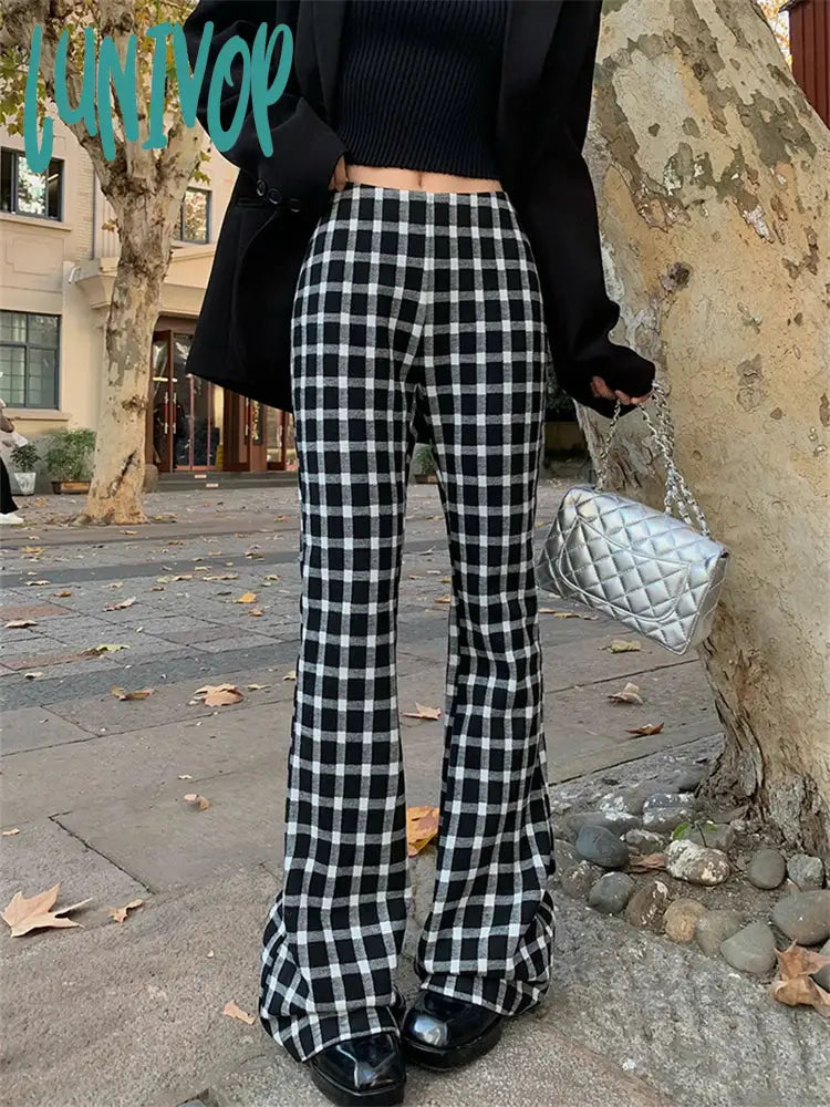 Lunivop Women’s Vintage Plaid Casual Bell-Bottom Pants Street Retro Style Young Girl Bottoms