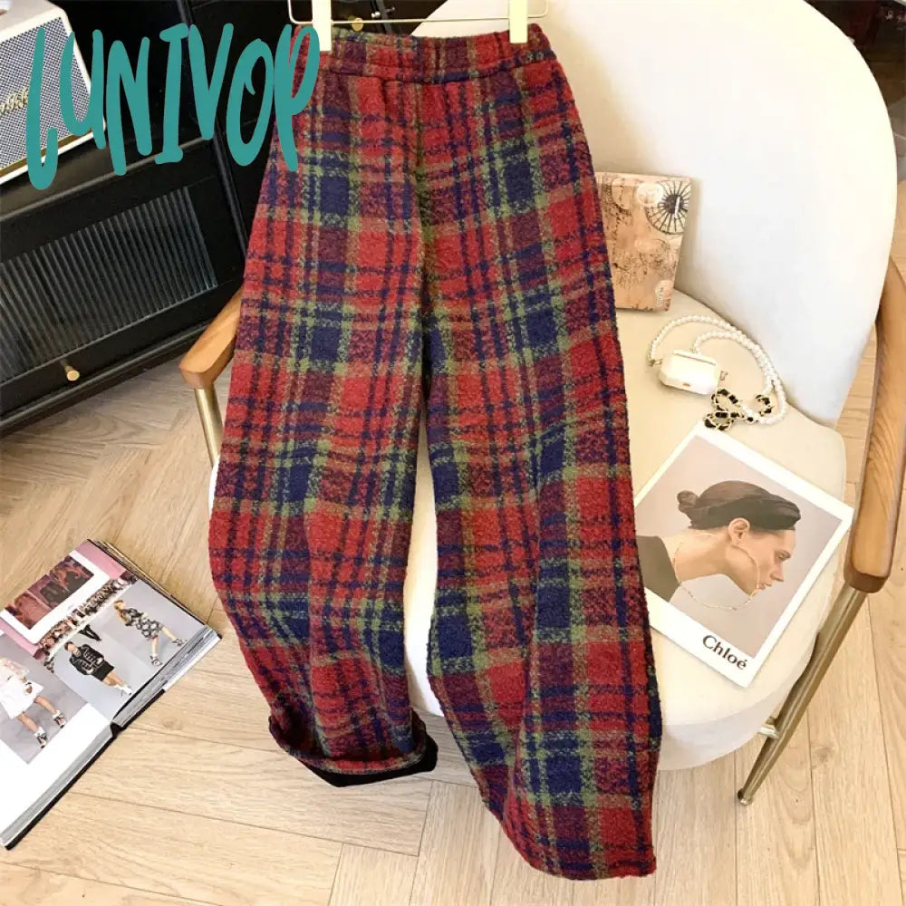 Lunivop Women’s Vintage Red Plaid Plush High Waist Pants Chic Retro Style Young Girl Wide-Leg