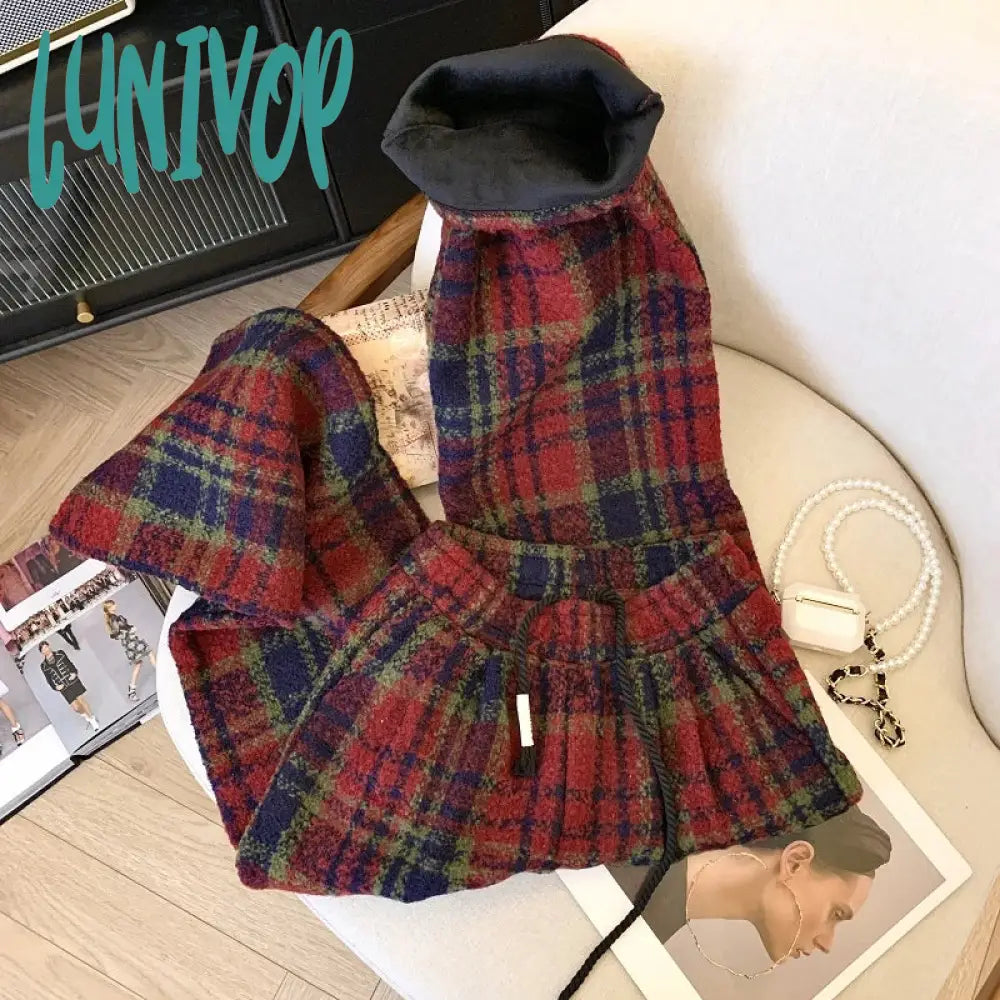 Lunivop Women’s Vintage Red Plaid Plush High Waist Pants Chic Retro Style Young Girl Wide-Leg