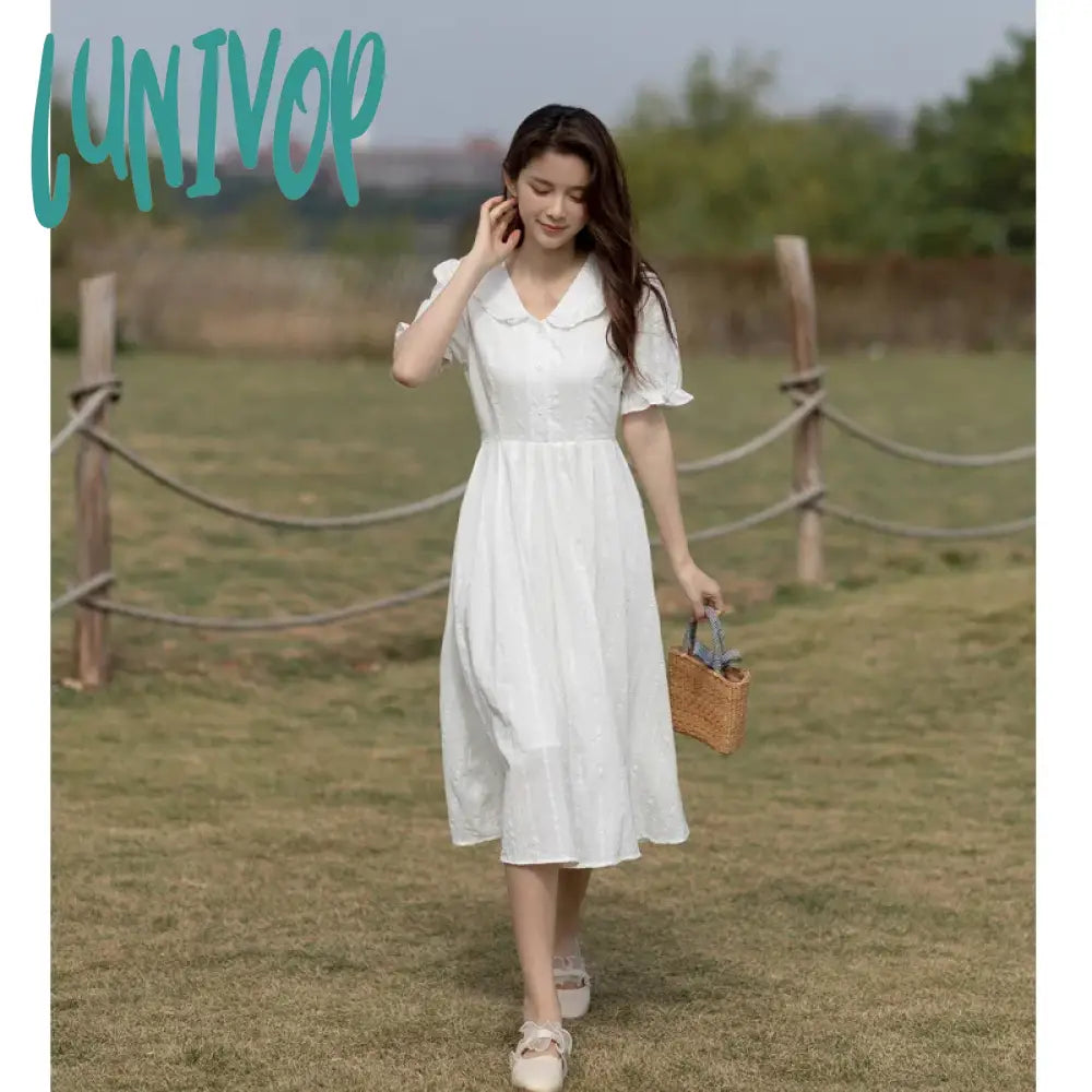 Lunivop Women’s White Jacquard Little Dress Summer French Style Hepburn Collection Midi Length