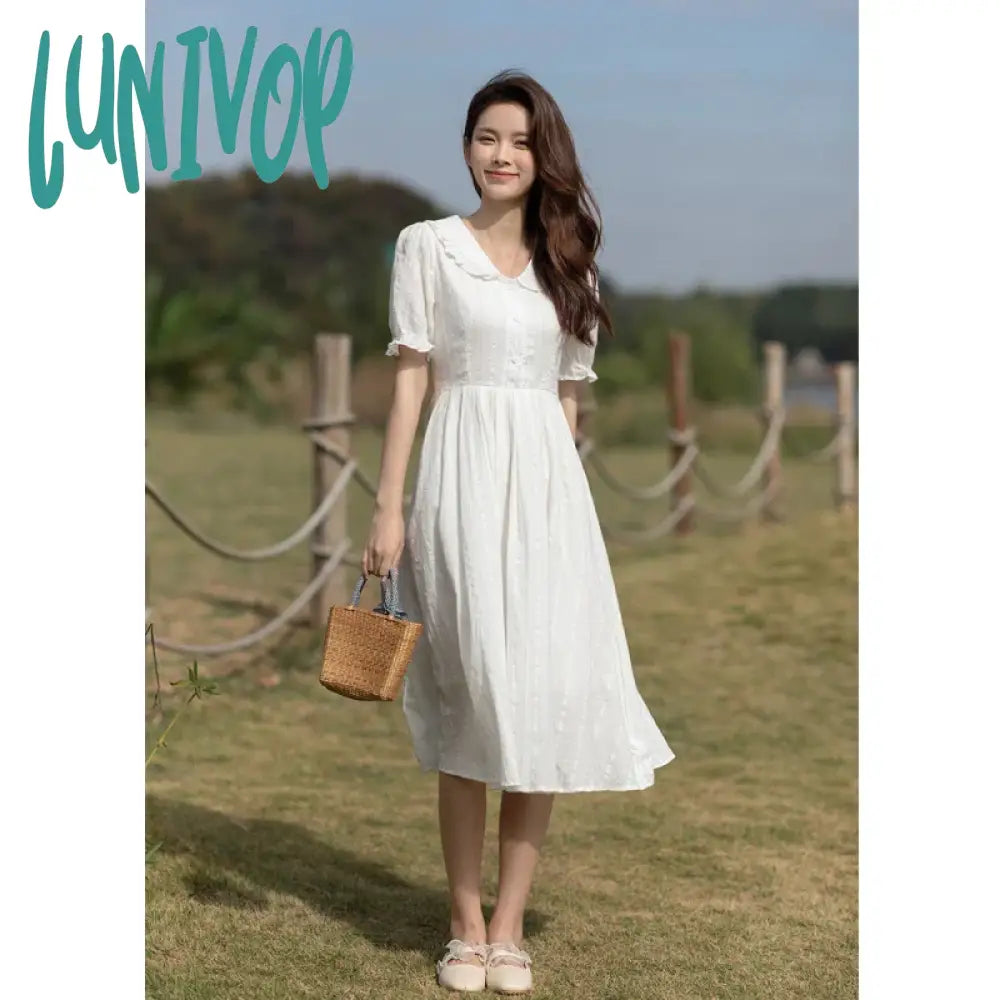 Lunivop Women’s White Jacquard Little Dress Summer French Style Hepburn Collection Midi Length